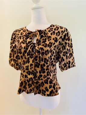 Leopard Print Peplum Blouse | Bow Tie Front | Puff Sleeve | Size Small